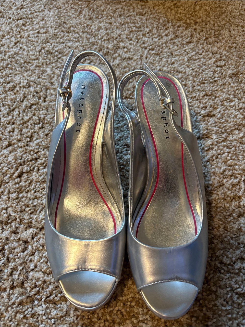 Metaphor Metallic Silver Slingback Peep Toe Heels Sandals 8M